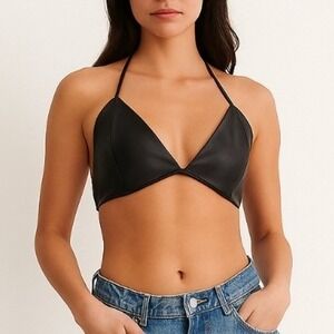 Black Faux Leather Halter Bikini Top SMALL Rave Festival Edgy Cropped Party Club